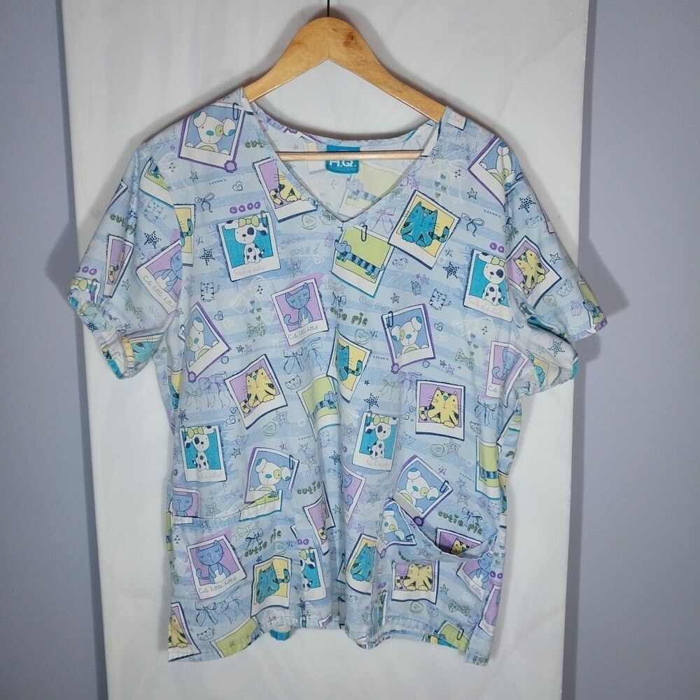 Scrub H.Q. Pediatric Vet Scrub Top Blue Cartoon Animal Print V Neck 2X 3X